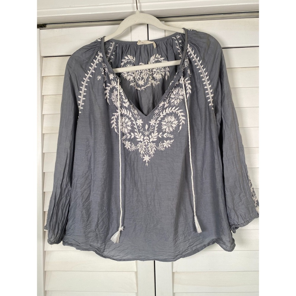 Shop Latitude Embroidered Blue/Gray Peasant Top Cotton/Silk Boho Luxe | S/M